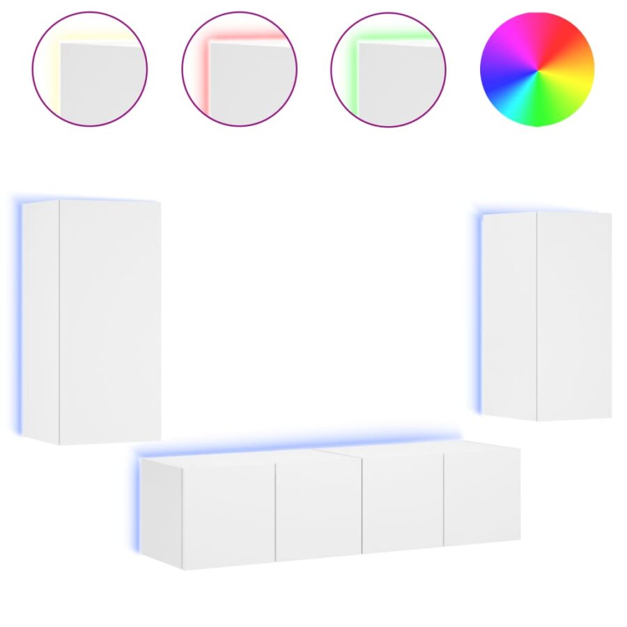 4-delige Tv-wandmeubelset met LED-verlichting bewerkt hout wit - Afbeelding 2