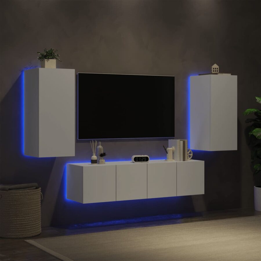 4-delige Tv-wandmeubelset met LED-verlichting bewerkt hout wit