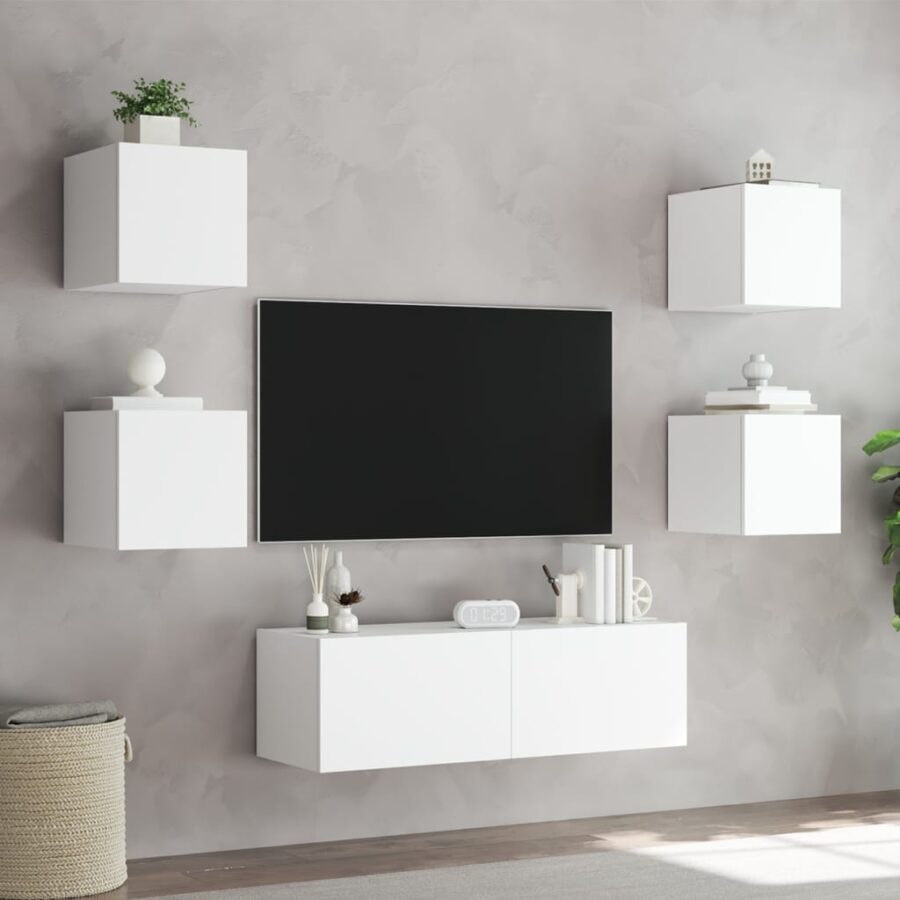 5-delige tv-wandmeubelset met LED-verlichting wit - Afbeelding 4