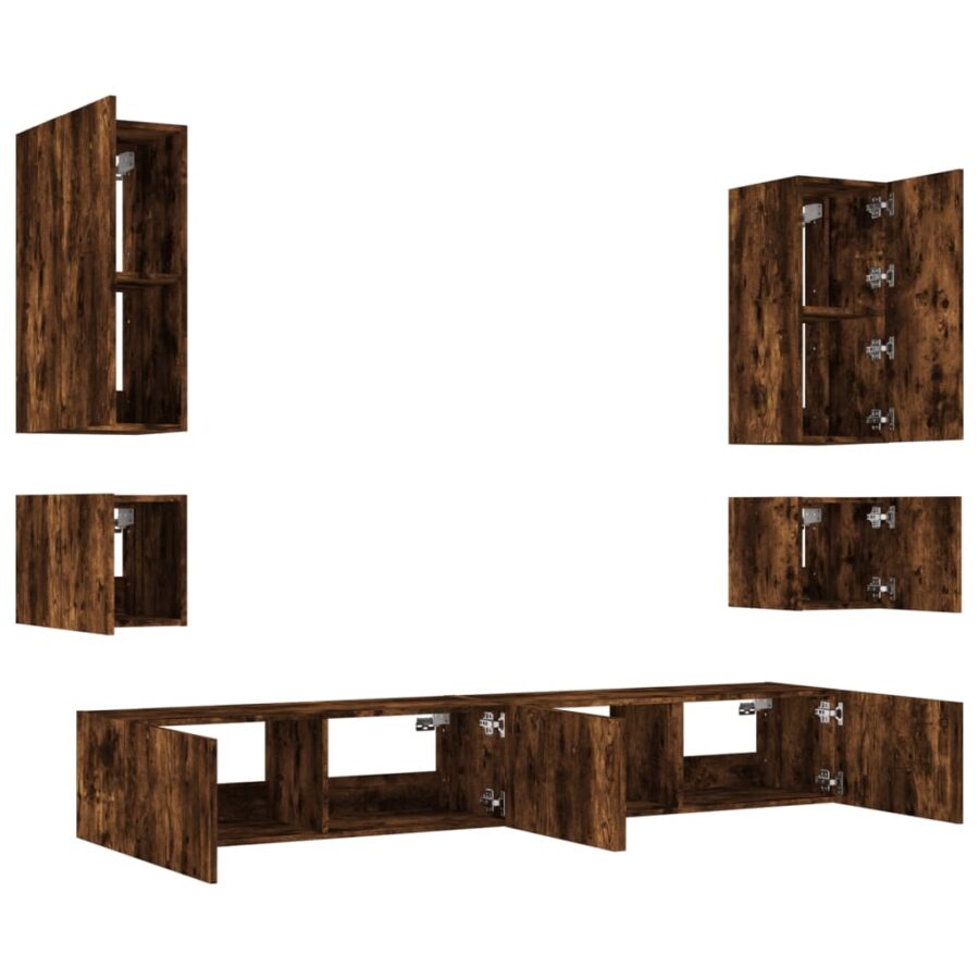 6-delige tv-wandmeubelset met LED-verlichting gerookt eiken - Afbeelding 6