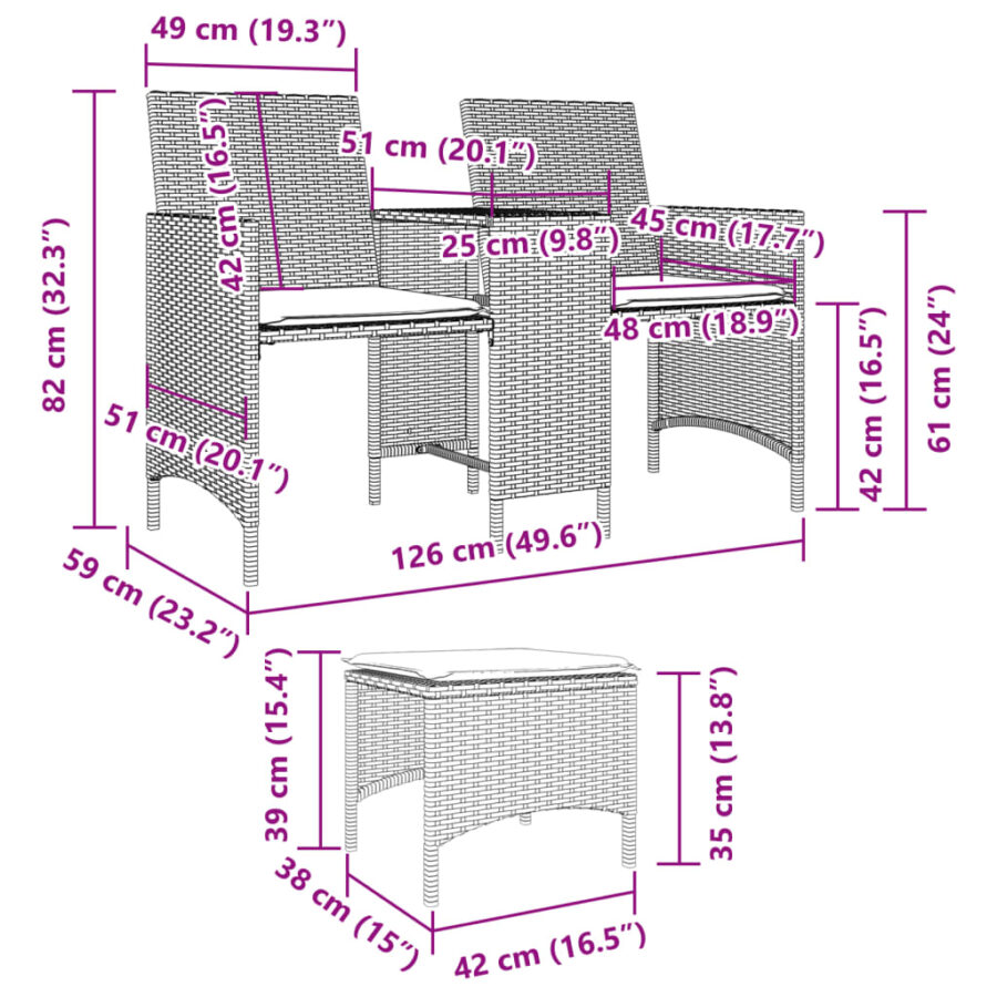Tuinbank 2-zits met tafel en voetenbanken poly rattan beige - Afbeelding 12