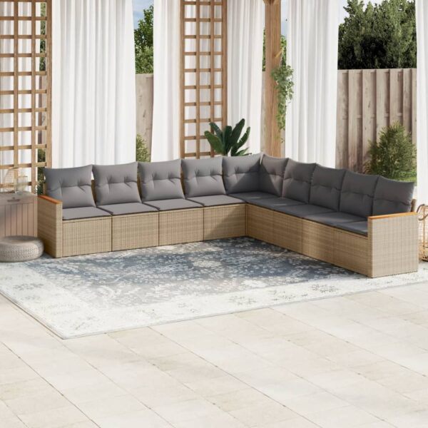9-delige Loungeset met kussens poly rattan gemengd beige