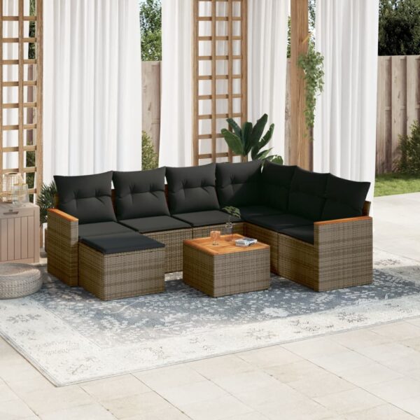 8-delige Loungeset met kussens poly rattan grijs