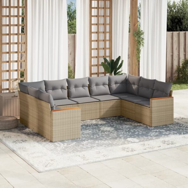 9-delige Loungeset met kussens poly rattan gemengd beige