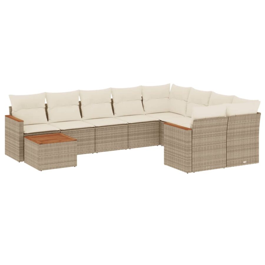 10-delige Loungeset met kussens poly rattan beige - Afbeelding 2