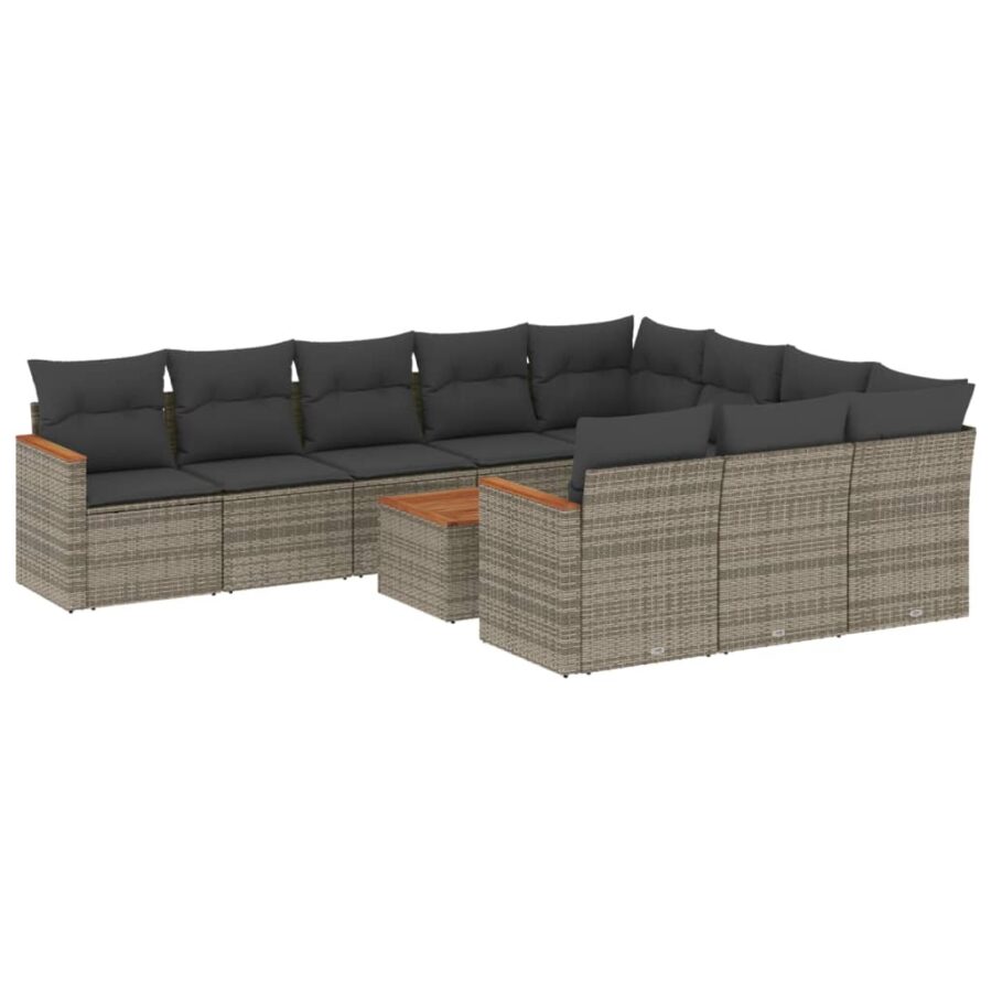 11-delige Loungeset met kussens poly rattan grijs - Afbeelding 2