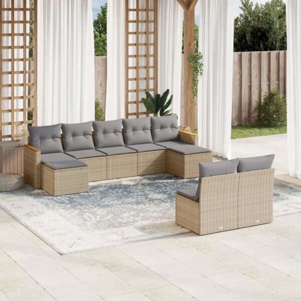 9-delige Loungeset met kussens poly rattan gemengd beige