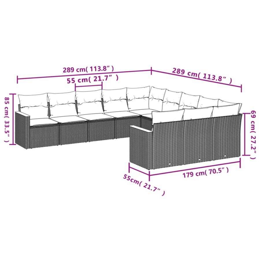 11-delige Loungeset met kussens poly rattan grijs - Afbeelding 7
