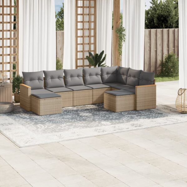 9-delige Loungeset met kussens poly rattan gemengd beige