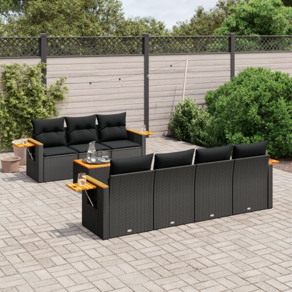 8-delige Loungeset met kussens poly rattan zwart