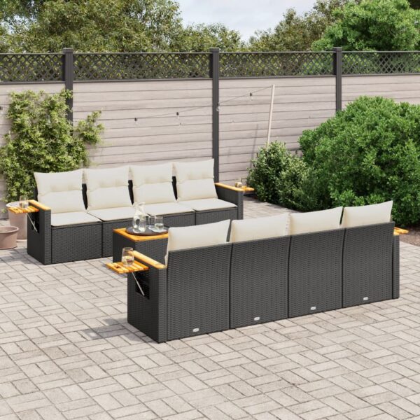 9-delige Loungeset met kussens poly rattan zwart