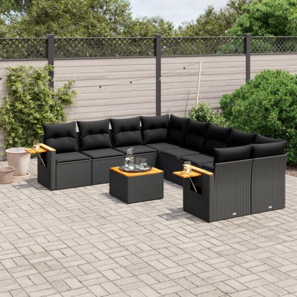 9-delige Loungeset met kussens poly rattan zwart