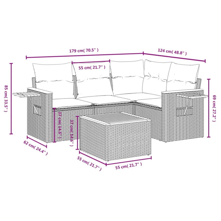 5-delige Loungeset met kussens poly rattan beige - Afbeelding 9