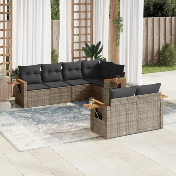 7-delige Loungeset met kussens poly rattan grijs