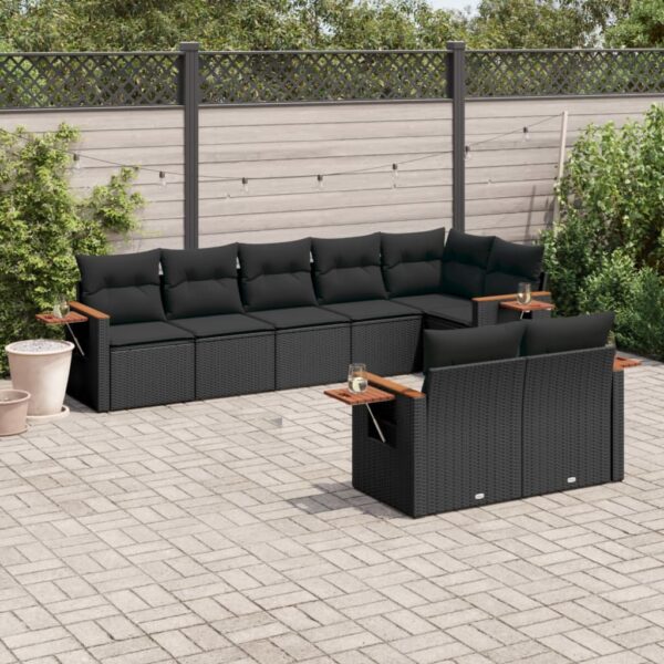 8-delige Loungeset met kussens poly rattan zwart