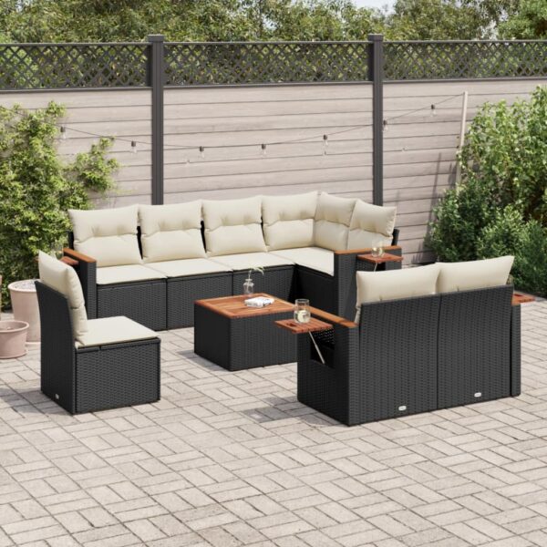 9-delige Loungeset met kussens poly rattan zwart