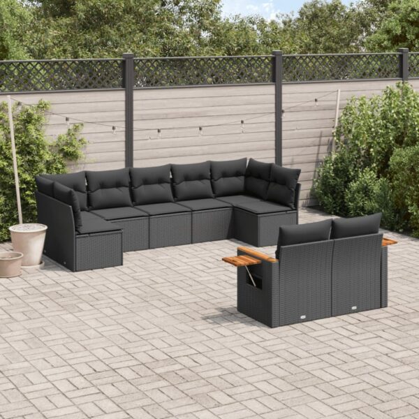 9-delige Loungeset met kussens poly rattan zwart