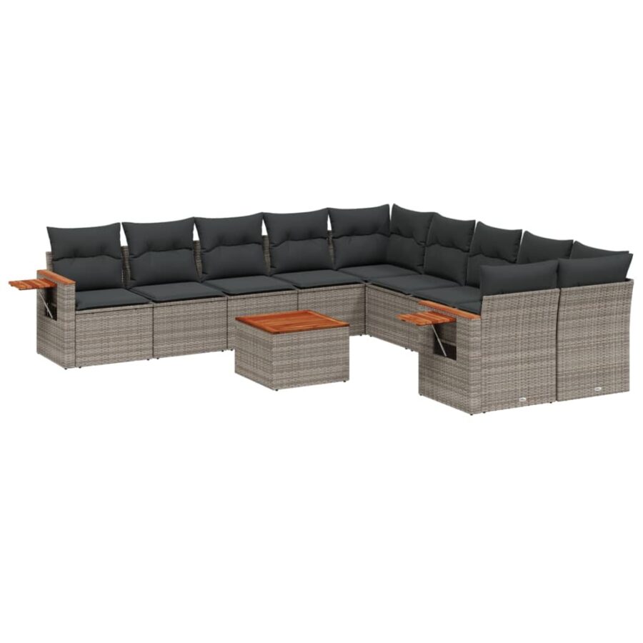 11-delige Loungeset met kussens poly rattan grijs - Afbeelding 2