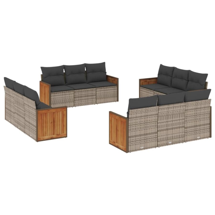 12-delige Loungeset met kussens poly rattan grijs - Afbeelding 2