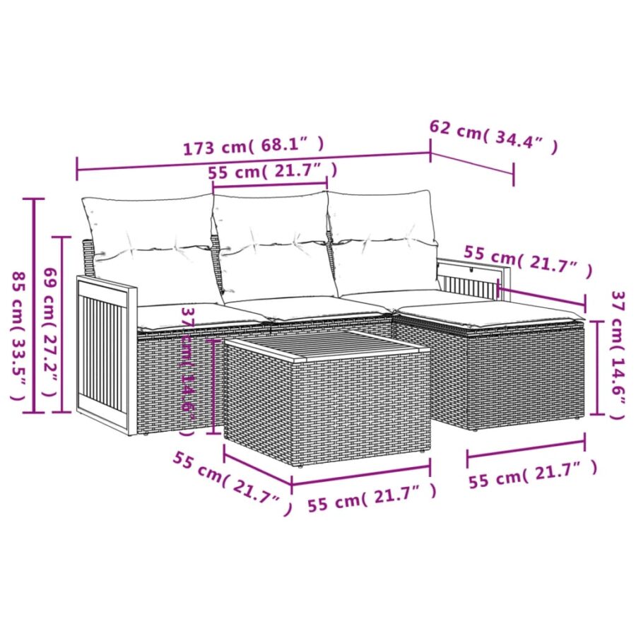 5-delige Loungeset met kussens poly rattan zwart - Afbeelding 8