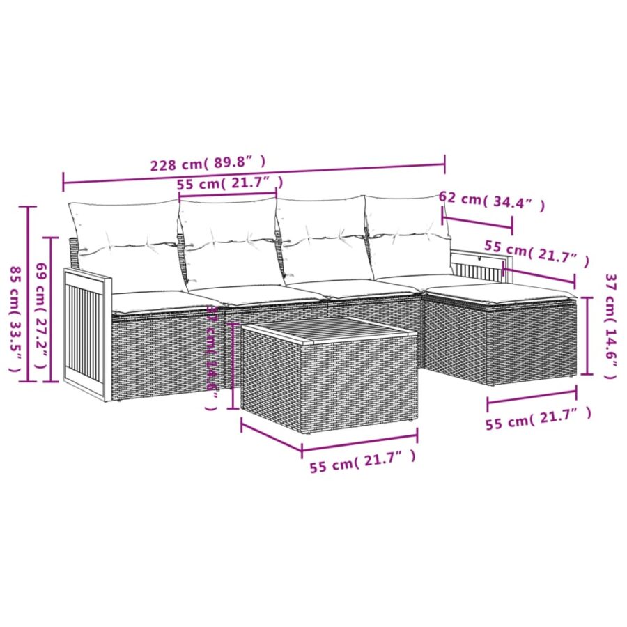 6-delige Loungeset met kussens poly rattan zwart - Afbeelding 8