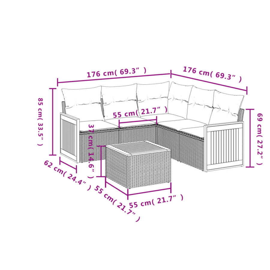6-delige Loungeset met kussens poly rattan grijs - Afbeelding 8