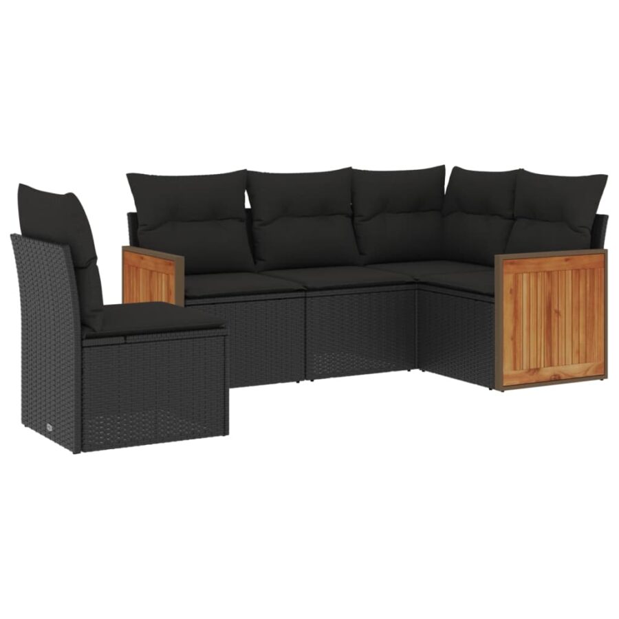 5-delige Loungeset met kussens poly rattan zwart - Afbeelding 2