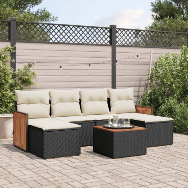 7-delige Loungeset met kussens poly rattan zwart