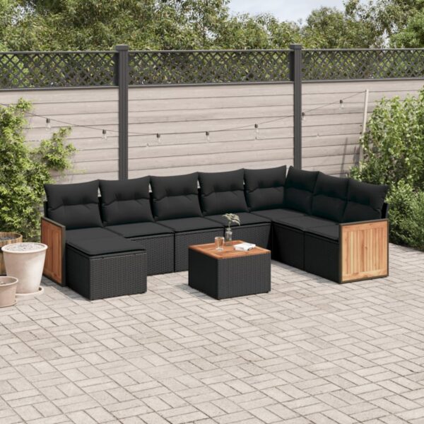 9-delige Loungeset met kussens poly rattan zwart