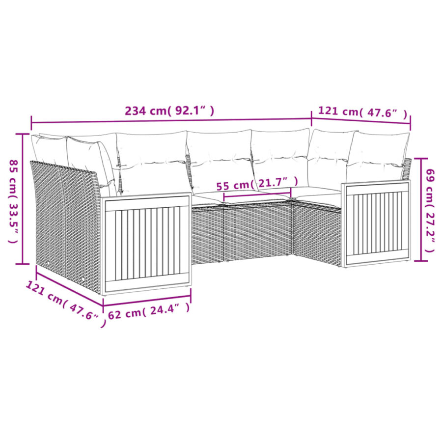 6-delige Loungeset met kussens poly rattan zwart - Afbeelding 7
