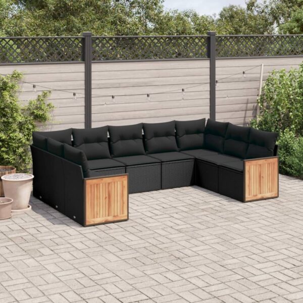 9-delige Loungeset met kussens poly rattan zwart
