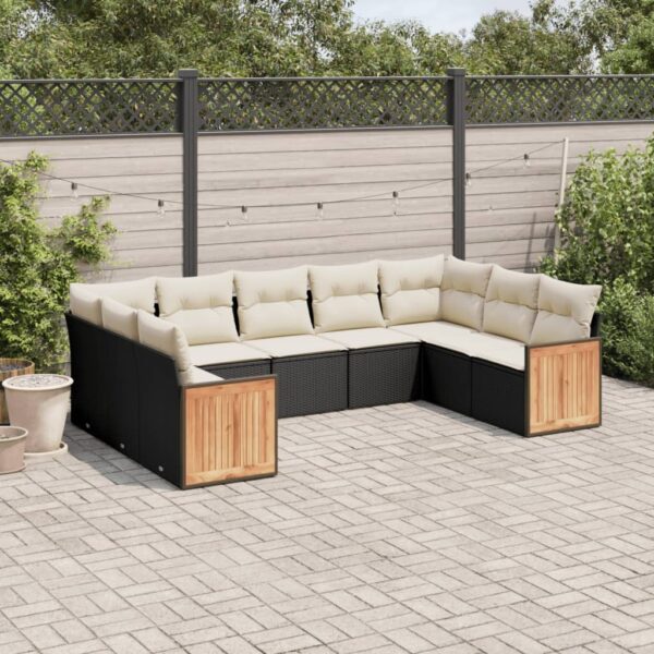 9-delige Loungeset met kussens poly rattan zwart