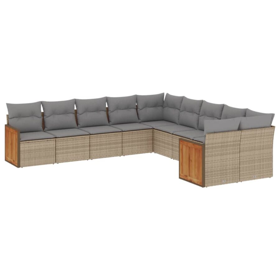 10-delige Loungeset met kussens poly rattan beige - Afbeelding 2