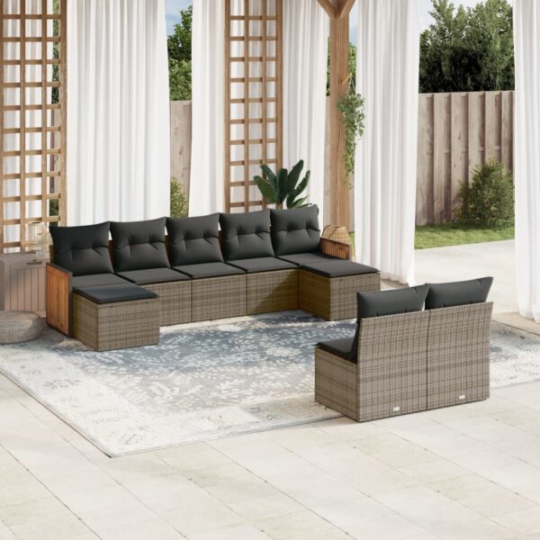 9-delige Loungeset met kussens poly rattan grijs