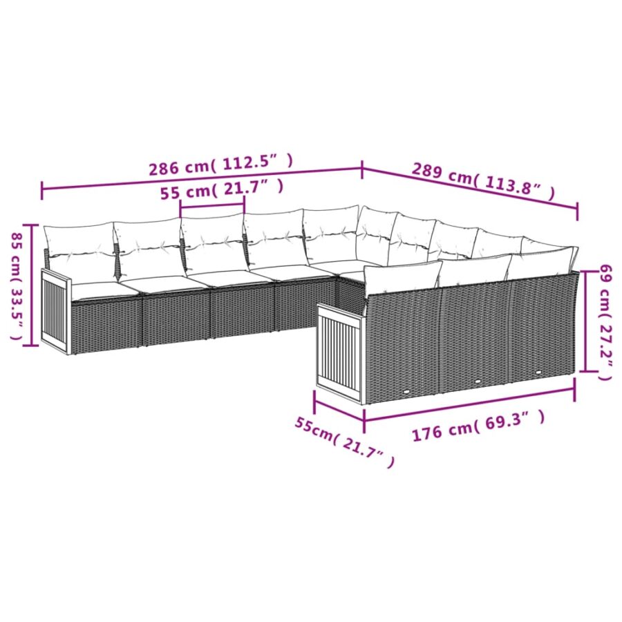 11-delige Tuinset met kussens poly rattan beige - Afbeelding 7