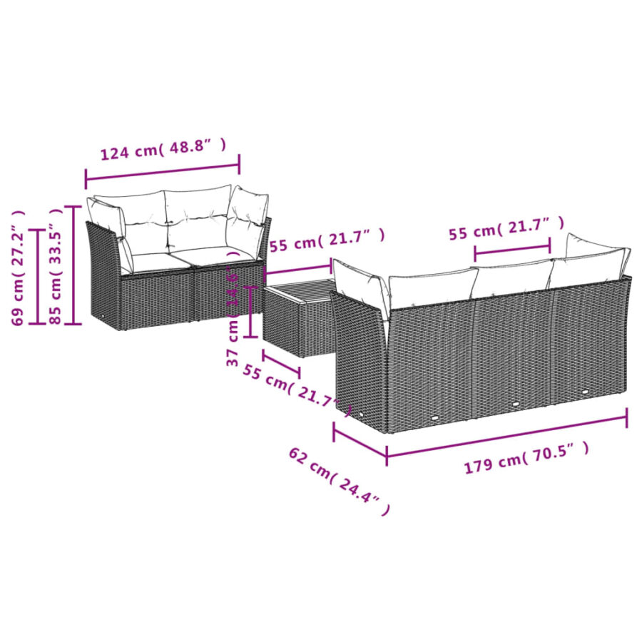 6-delige Loungeset met kussens poly rattan zwart - Afbeelding 3