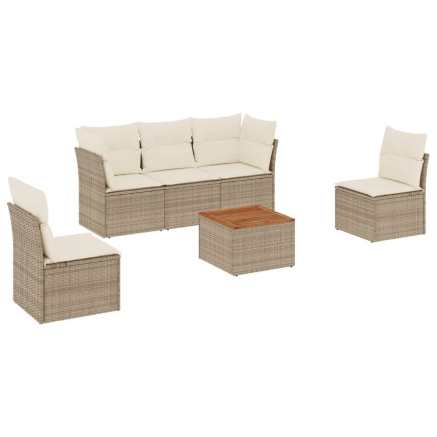 6-delige Loungeset met kussens poly rattan beige - Afbeelding 2