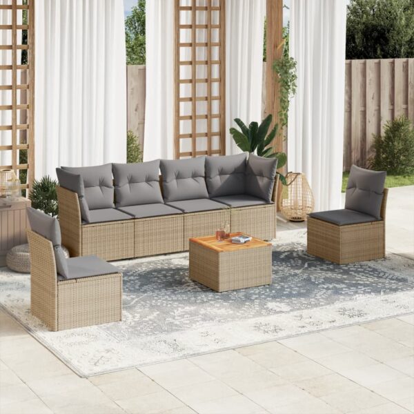7-delige Loungeset met kussens poly rattan beige
