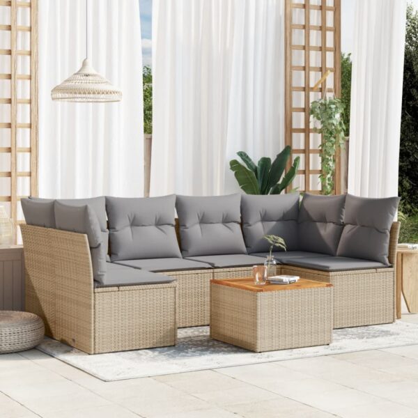 7-delige Loungeset met kussens poly rattan beige
