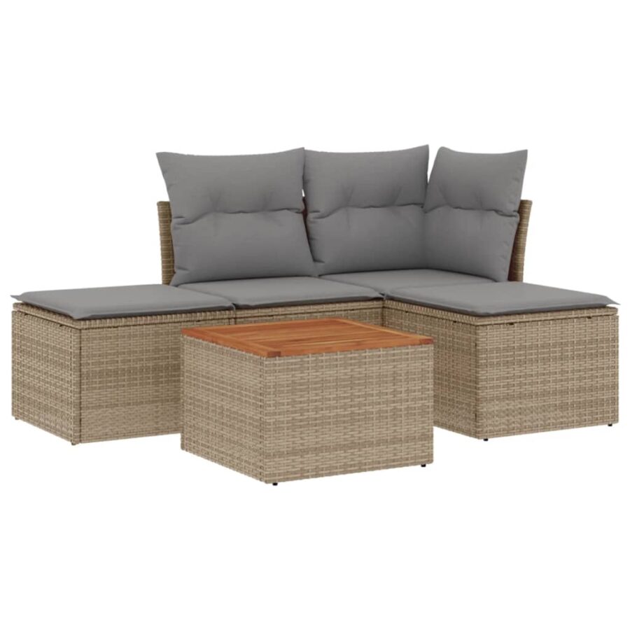 5-delige Loungeset met kussens poly rattan beige - Afbeelding 2