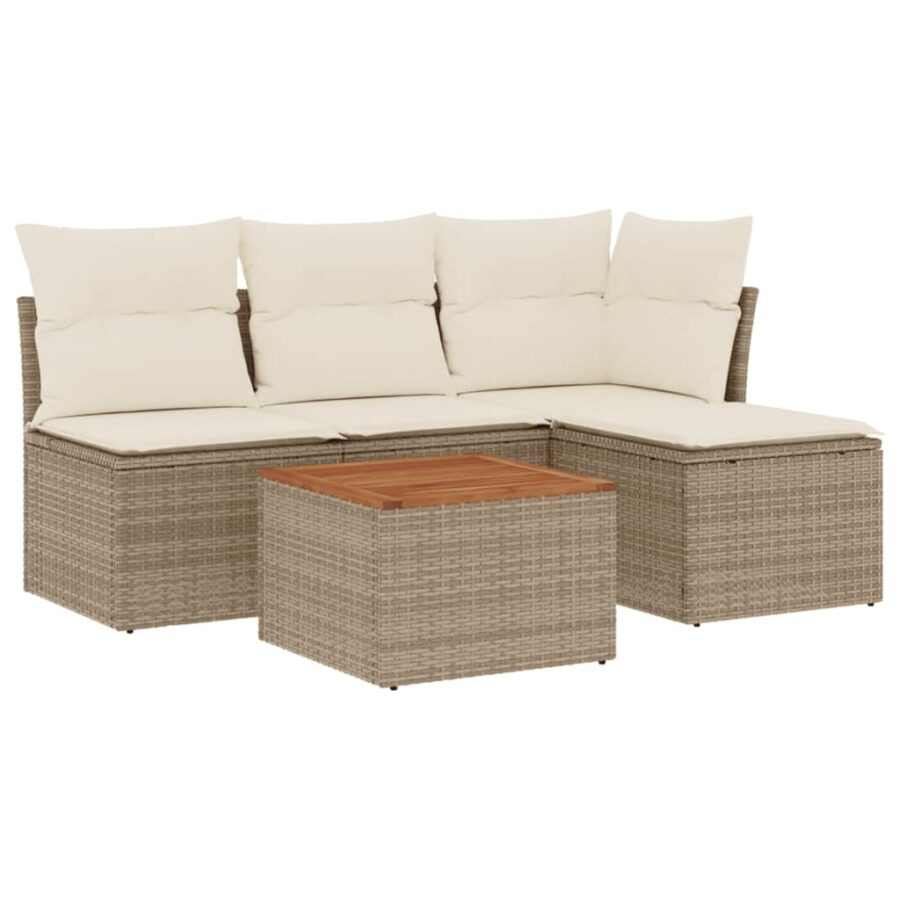 5-delige Loungeset met kussens poly rattan beige - Afbeelding 2