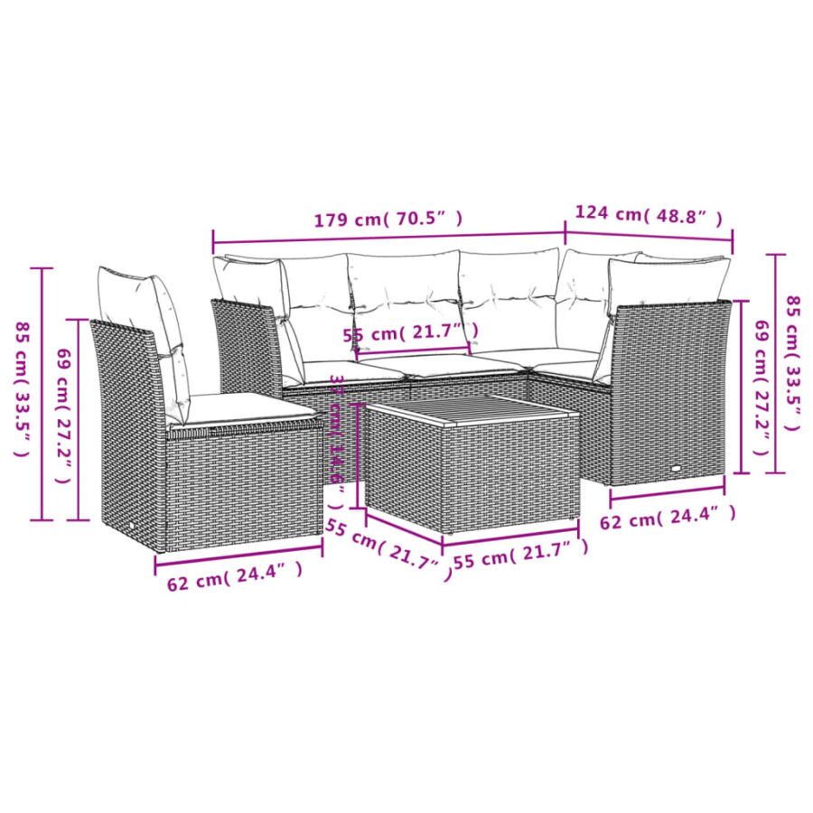 6-delige Loungeset met kussens poly rattan grijs - Afbeelding 3
