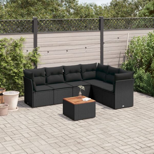 7-delige Loungeset met kussens poly rattan zwart