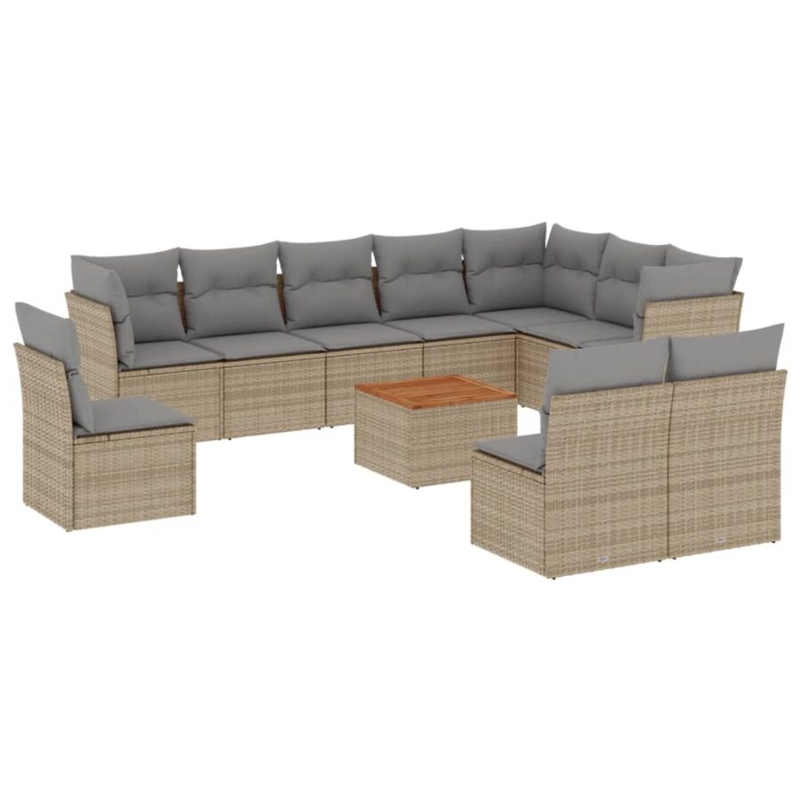11-delige Tuinset met kussens poly rattan beige - Afbeelding 2