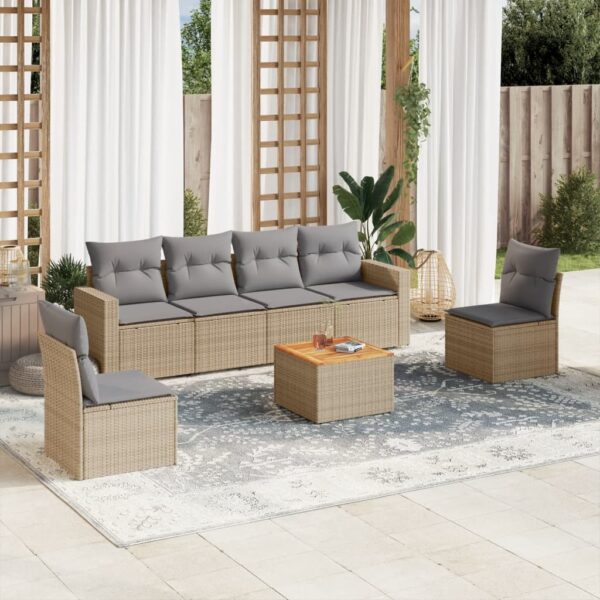 7-delige Loungeset met kussens poly rattan beige
