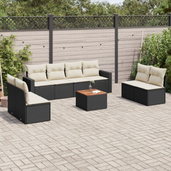 9-delige Loungeset met kussens poly rattan zwart