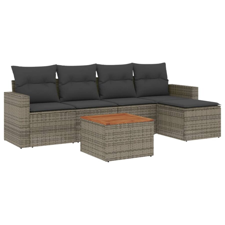 6-delige Loungeset met kussens poly rattan grijs - Afbeelding 2
