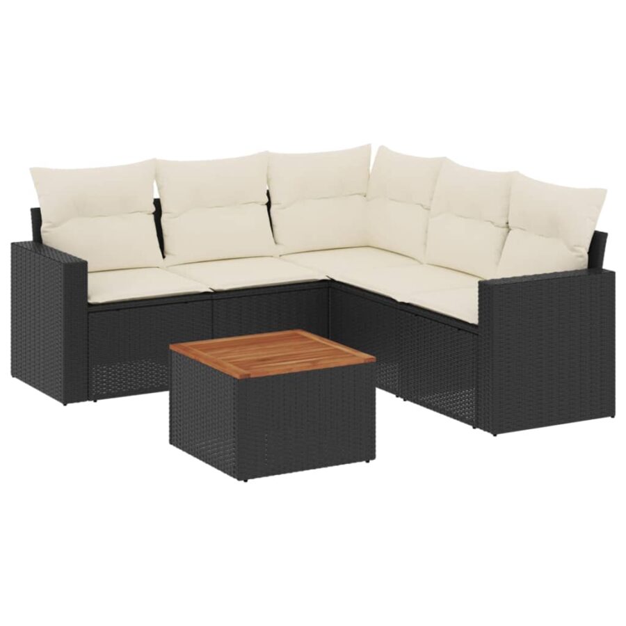 6-delige Loungeset met kussens poly rattan zwart - Afbeelding 2