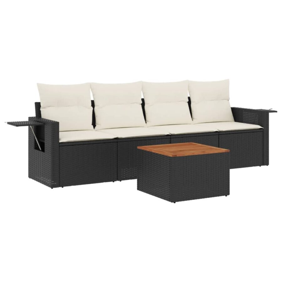 5-delige Loungeset met kussens poly rattan zwart - Afbeelding 2