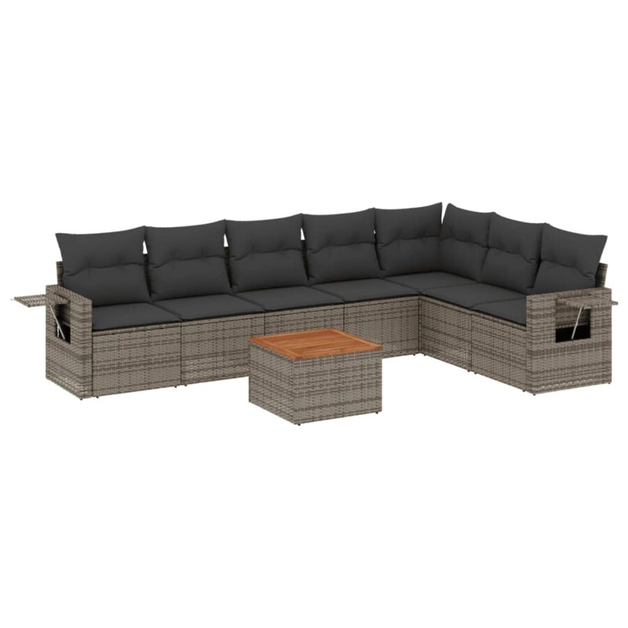 8-delige Loungeset met kussens poly rattan grijs - Afbeelding 2